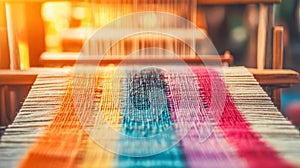 Colorful threads on a traditional weaving loom in warm sunlight
