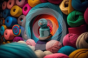 Colorful threads, yarns, balls, spools. Various colors, yarn ball and thread sizes. Generative Ai