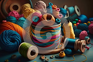 Colorful threads, yarns, spools. Variety of thread colors, yarn balls and spool sizes. Generative Ai