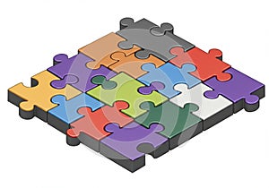 A colorful, three-dimensional jigsaw puzzle composed of interlocking pieces in