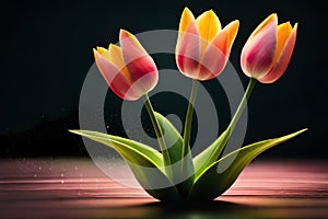 colorful three tulip flowers colored in golden yellow and pink red colors on a wooden surface and isolated on a black background