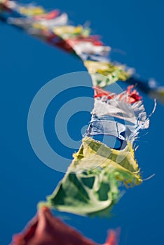 Colorful Tibetan Buddhist prayer flags waving in the wind on blu