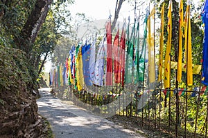Colorful Tibetan flags along side next to the entrance gate of Guru Rinpoche Temple at Namchi. SIkkim, India