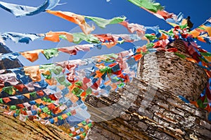 Colorful tibetan flags and snow mountain at Siguniang scenic area,chengdu, China