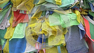 Colorful Tibetan prayer flags swaying in the wind in the temple, Ulan Ude Russia