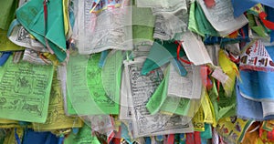 Colorful Tibetan prayer flags swaying in the wind in the temple, Ulan Ude Russia