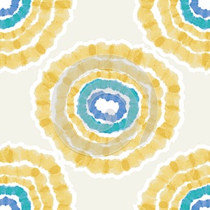 Colorful tie dye circles background. Seamless hand painted pattern tie dye shibori print. Textured batik fabric. Vector