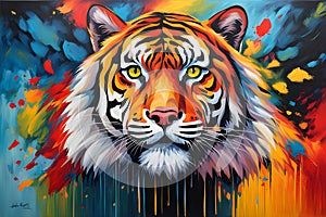 Colorful Tiger Head in Abstract Oil and Acrylic Painting