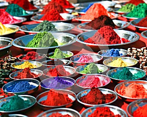 Colorful tika powders on indian market, India