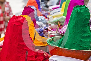 Colorful tika powders on indian market, India , Asia