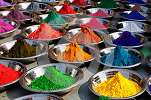 Colorful tika powders on Orcha market, India