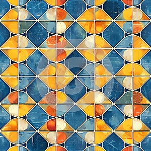 Colorful tile pattern in the style of the 1970s, slightly worn, seamless, repeatable. Created with AI