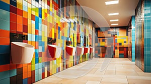 Colorful Tiled Bathroom with Sinks and Geometric Patterns photo