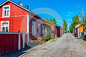 Colorful timber houses in Neristan district of Finnish town Jako
