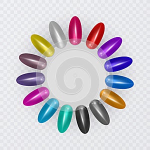 Colorful tips. Set of false nails for manicure. Varnish color palette for nail extension. oval palette with artificial nails,