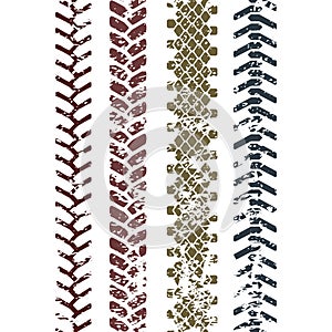 Colorful tire tread protector track on white grunge seamless pattern, vector set