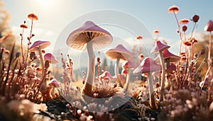 The colorful toadstool grows in the uncultivated autumn forest generated by AI