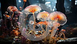 The colorful toadstool grows in the uncultivated forest generated by AI
