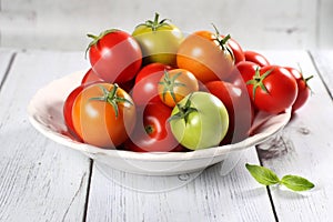 Colorful tomatoes with basil