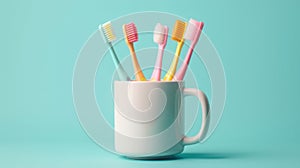 Colorful toothbrushes in mug.AI generated image