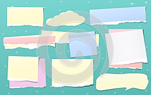 Colorful torn note, notebook paper pieces for text, speech bubble stuck on turquoise background with stars. Vector