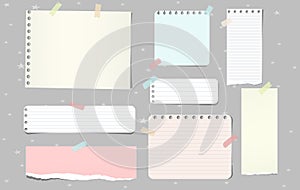 Colorful torn note paper pieces, notebook sheets for text stuck on grey background. Vector illustration.