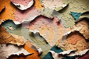 Colorful torn paper abstract background featuring layers of torn papers against a wall. Vibrant and dynamic design highlighting photo