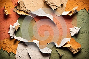 Colorful torn paper abstract background featuring layers of torn papers against a wall. Vibrant and dynamic design highlighting photo
