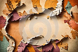 Colorful torn paper abstract background featuring layers of torn papers against a wall. Vibrant and dynamic design highlighting photo