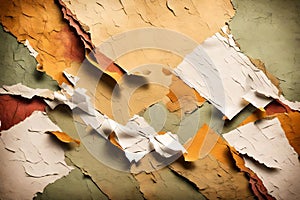 Colorful torn paper abstract background featuring layers of torn papers against a wall. Vibrant and dynamic design highlighting photo