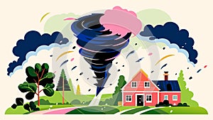 Colorful Tornado Approaching Cartoon House in Pastoral Landscape photo