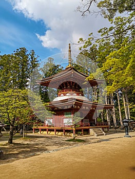 The colorful Toto Pagoda or Eastern Pagoda in the Unesco listed Danjon Garan Shingon buddhism temple complex in Koyasan, Wakayama