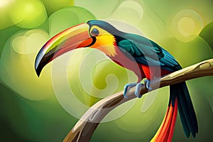 Colorful Toucan Bird on a branch with blurry green bokeh background. digital painting art. ai generated photo