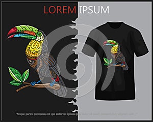 Colorful toucan bird mandala arts isolated on black t-shirt