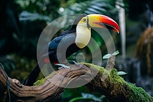 Colorful toucan bird perched on lush rainforest tree branch in its natural jungle habitat