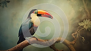 Colorful Toucan Perched On Branch: Fine Art Portraiture In Muted Tones photo