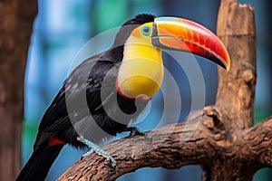 Colorful toucan perched in rainforest tree, natural wildlife habitat in lush jungle environment