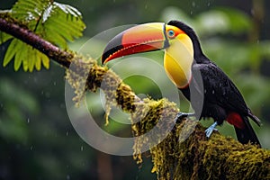 A colorful toucan sits gracefully on a branch amidst a downpour in its natural rainforest habitat, Toucan spotted in the jungle,