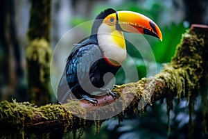 Colorful toucan on tree branch in lush rainforest wildlife habitat, tropical bird in natural setting