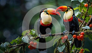 Colorful Toucans Perched on Branch in Lush Jungle