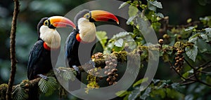 Colorful Toucans Perched on a Lush Green Branch