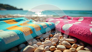 Colorful towels on a beach photo