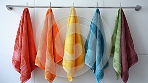 Colorful towels hanging neatly on a rail