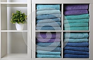 Colorful towels and houseplant on shelves