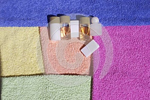 Colorful towels,Shampoo and soap