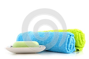 Colorful towels with soap