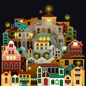 Colorful town buildings at night. Vector cityscape drawing