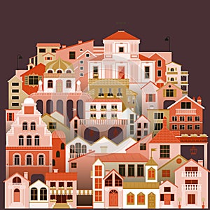 Colorful townhouses background. Vector cityscape with buildings.