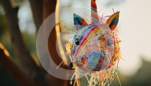 Colorful toy horse head decoration in green grass with vibrant colors generated by AI