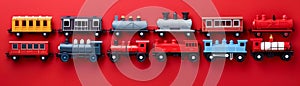 Colorful Toy Trains Arranged in a Row on Vibrant Red Background, Collection of Various Locomotives and Carriages for Kids